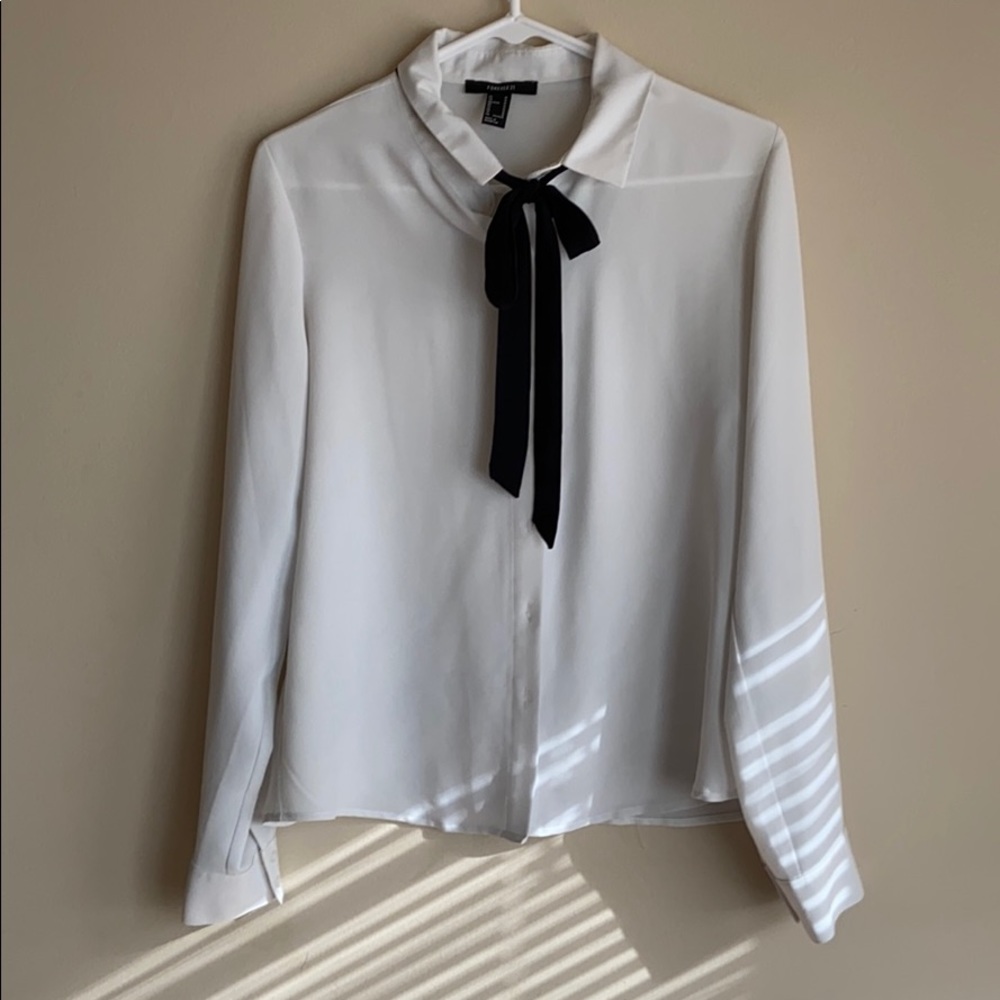 White sheer shirt with black tie